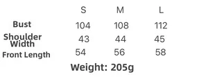 Size chart for women's puffer vest showing bust, shoulder, and length specs in S, M, and L