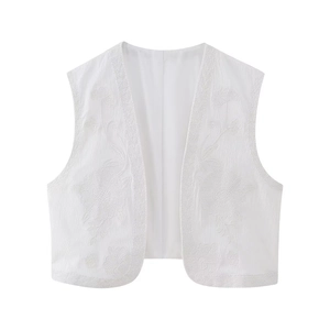Détail du gilet blanc brodé avec motifs floraux et tissu texturé sur fond blanc neutre