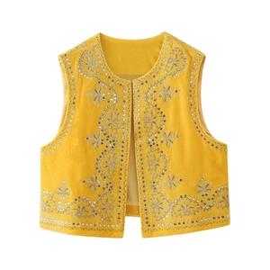 Women's yellow velvet vest with silver sequin embroidery and ethnic floral pattern
