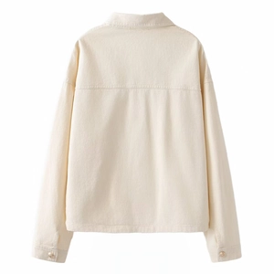 Back view of stylish cream-colored denim jacket with drop shoulder and twill texture