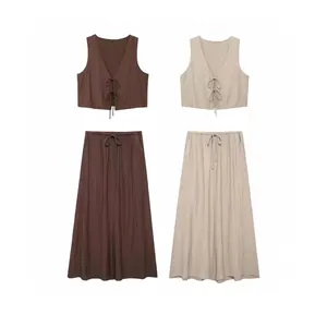 Women Casual Sleeveless V-Neck Tie-Front Crinkled Texture Top And Long Skirt Set Summer High Waist Pleated Streetwear Top And Bottom