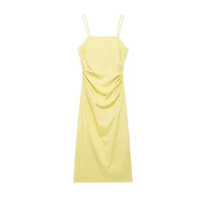 Abito Midi Cami Giallo Pallido Donna Estivo Slim Fit Arricciato Lateralmente Bodycon Spacco Posteriore Senza Maniche Elegante