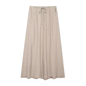 Women's summer beige textured maxi skirt with drawstring elastic waist and A-line silhouette