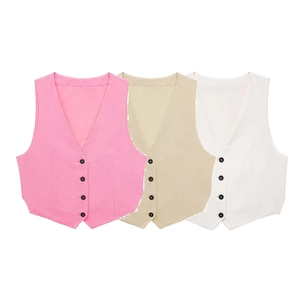 Women's V-neck sleeveless button vest set in pink, beige and white linen fabric