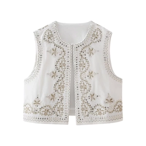 White velvet vest with gold sequin embroidery in a vintage ethnic style for women