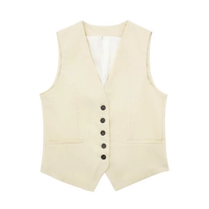 Linen blend vest waistcoat in cream beige with V-neck and dark button details