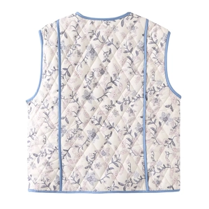 Detailed back view of women's quilted floral vest featuring diamond patterns and blue trim