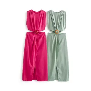 Women's Sleeveless Round Neck Cut-out High Waist Ring Decoration Slit Maxi Dress Elegant Summer Vacation Long Dress