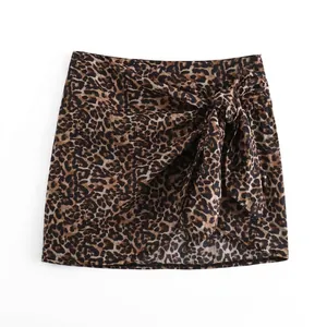 Women Leopard Print Wrap Mini Skirt With Tie Bow Waist Fashion Summer Streetwear Polyester Woven Short Skirt