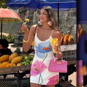 Women Sexy Floral Print Spaghetti Strap Mini Dress Backless High Waist U Neck Summer Beach Vacation Sleeveless Resort