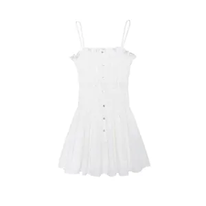 Elegant white smocked mini camisole dress with ruffle trim and button details