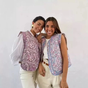 Quilted floral vests in ethnic style, sleeveless open front jackets for women summer fashion