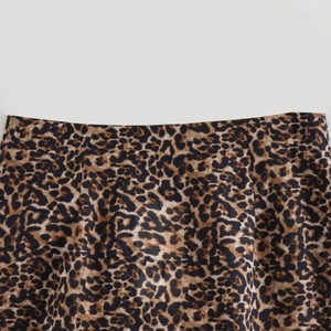 Women's leopard print cotton wrap skirt with detailed waist stitching and brown animal pattern