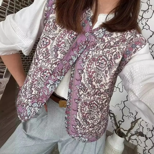 Bohemian women's padded vest featuring purple paisley floral print and sleeveless design