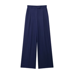 Pantalon femme taille haute à jambes larges bleu marine avec plis et coupe droite fluide