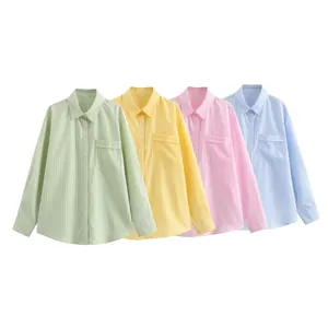 Women Casual Striped Long Sleeve Shirt Loose Polo Neck Button Down Blouse Top With Chest Pocket Striped Print Blouse