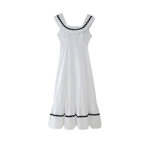 Women's Summer Cotton Linen Sleeveless Maxi Dress Elegant Square Neck Rick-Rack Trim Ruffle Hem A-Line Vacation Long Dress