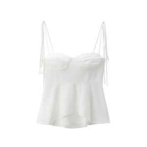 Elegant white bustier camisole top with thin straps and peplum hem for summer fashion