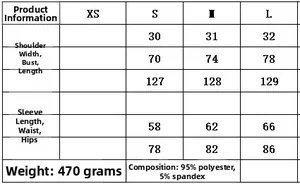 Detailed size chart for the knit dress showing measurements and fabric composition details