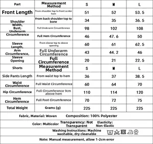 Detailed size chart for women's summer shirt and shorts set including S M L measurements