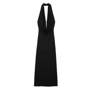 Elegant black cowl neck halter maxi dress for women with open back and slim fit silhouette