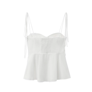White summer corset top with thin spaghetti straps, peplum hem and smocked back panel
