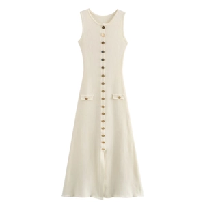 Elegant sleeveless cream knit dress with gold buttons and vertical ribbed texture