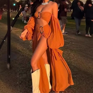 Women Bohemian Two Piece Skirt Set Lantern Sleeve Crop Top High Slit Maxi Skirt Orange Resort Wear Vacation Party Outfit