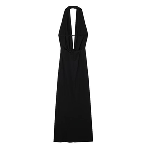 Detail view of the sleek deep V-neck halter design on a minimalist black evening dress