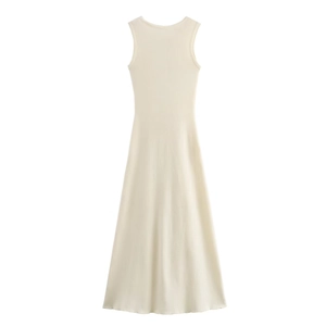 Elegant cream sleeveless knit maxi dress with vertical ribbing and A-line silhouette
