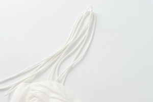 Detail of white corset top featuring multiple thin straps and pleated neckline texture