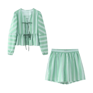 Women green and white striped two-piece set with tie-up long sleeve top and shorts