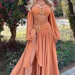 Exotic sunset orange tube top and high slit maxi skirt set with elegant lantern sleeves