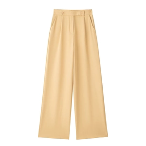 Pantalon femme d'été taille haute jambe large en kaki clair avec détails plissés