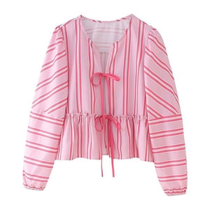 Pink and white striped long sleeve V-neck top with tie-front and ruffle hem detail