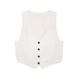 Women's cream white V-neck vest waistcoat with four black buttons and a sharp pointed hem