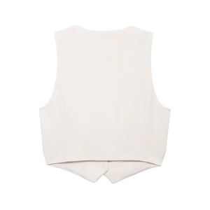 Rear view of off-white sleeveless waistcoat with a cropped cut and pointed hem detail