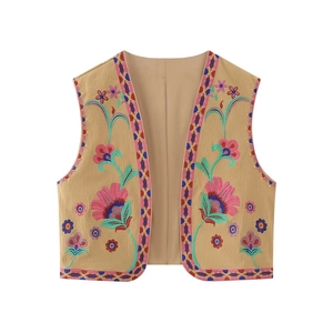 Gilet beige ethnique pour femme avec des motifs de broderie florale colorés