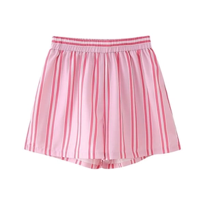Detail view of pink and white striped high-waisted shorts with elastic waistband