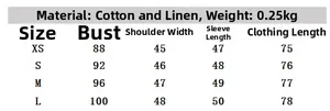 Detailed size chart with measurements for V-neck linen blazer and trousers set in four sizes