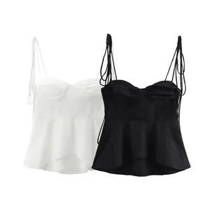 Women Sexy Spaghetti Strap Corset Top Ruched Bust Peplum Hem Smocked Back Sleeveless Camisole Summer Streetwear Solid Color Top
