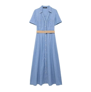 Women's light blue short sleeve denim midi dress with a stylish woven belt and buttons