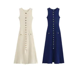 Women's Sleeveless Knit Midi Dress Elegant Gold Button Round Neck Slim Fit A-Line Dress Office Lady Solid Color Summer Sundress