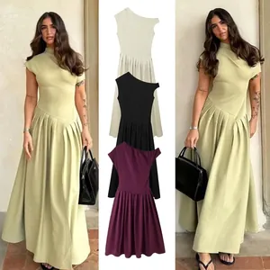 Robe Longue Plissée à Une Épaule Asymétrique pour Femme Élégante Sans Manches Taille Haute Ligne A Fête Banquet Été Couleur Unie