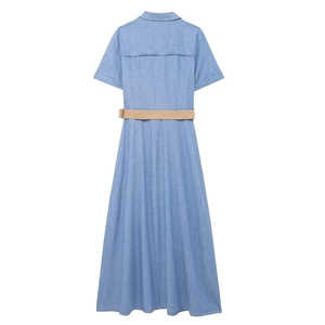 Short sleeve light blue denim midi dress with a woven belt shown from the back view