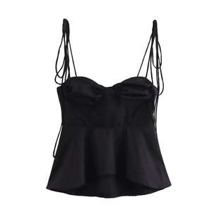 Women's black corset camisole with sweetheart neckline and ruffled peplum hem