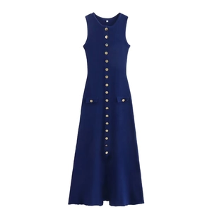 Navy blue sleeveless knit maxi dress with round neck and gold metal buttons