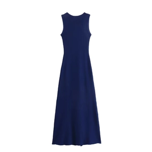 Elegant navy blue sleeveless knit dress with a slim fit and minimalist round neck design