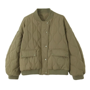 Detailed macro view of olive green quilted bomber jacket with gourd pattern and metal buttons