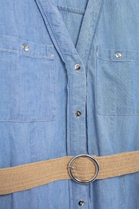 Detail of light blue denim midi dress with metallic buttons and woven waist belt
